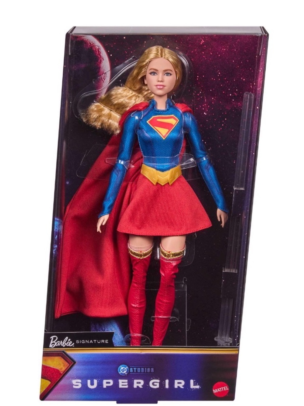 Barbie Supergirl Style Doll in Red and Blue Outfit with White Puppy